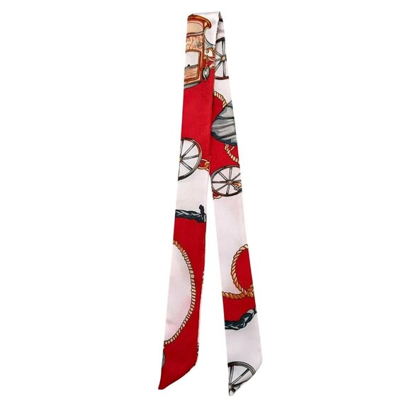 Silk Slim Scarf Red Carriage and Rope Print 35 x 1.5 Inches Equestrian Chic No17 - Picture 3 of 11